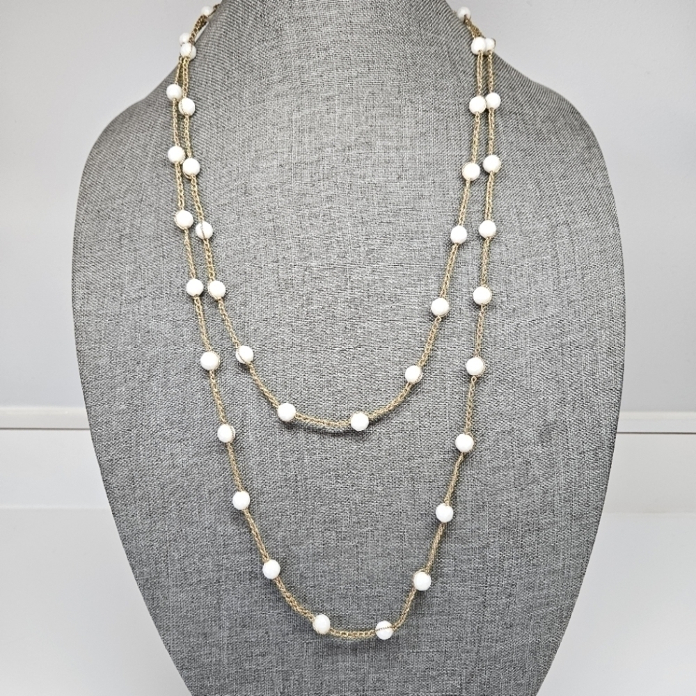 VINTAGE White Plastic Beaded Gold Braided Thread Extra Long 60" Necklace